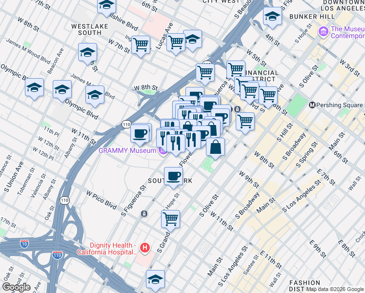 map of restaurants, bars, coffee shops, grocery stores, and more near 930 South Figueroa Street in Los Angeles