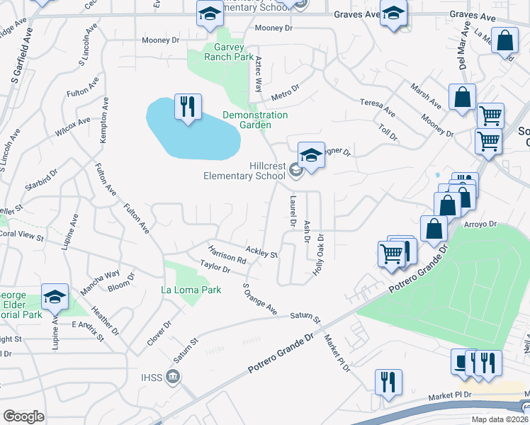 map of restaurants, bars, coffee shops, grocery stores, and more near 695 Taft Court in Monterey Park