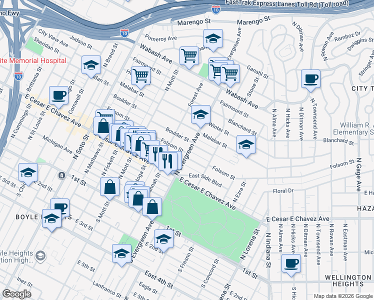 map of restaurants, bars, coffee shops, grocery stores, and more near 2825 Folsom Street in Los Angeles