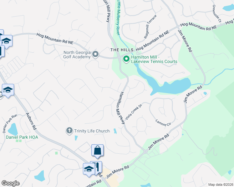 map of restaurants, bars, coffee shops, grocery stores, and more near 3433 Mill Grove Terrace in Dacula