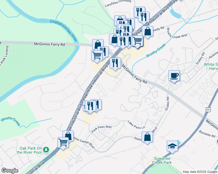 map of restaurants, bars, coffee shops, grocery stores, and more near 1148 Peachtree Industrial Boulevard in Suwanee