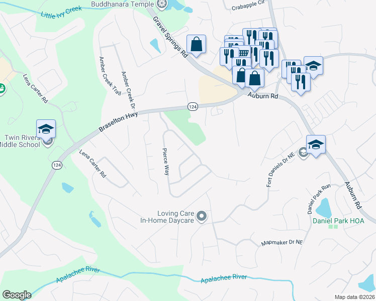 map of restaurants, bars, coffee shops, grocery stores, and more near 1857 Pierce Way Northeast in Buford