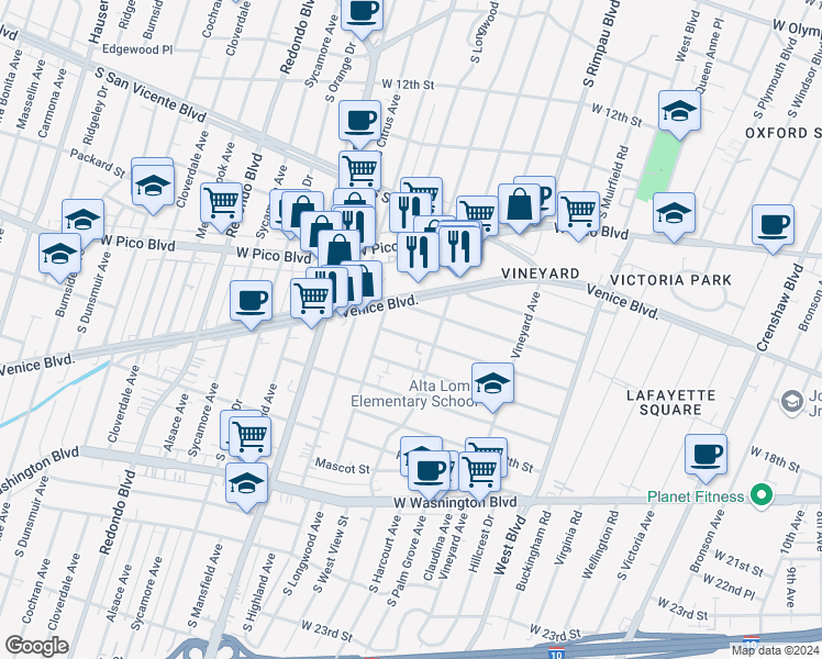 map of restaurants, bars, coffee shops, grocery stores, and more near 4829 West 17th Street in Los Angeles