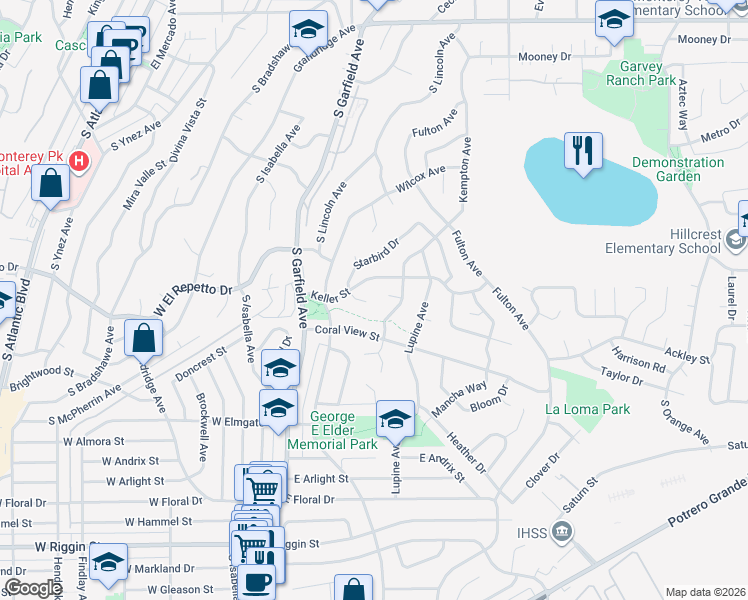 map of restaurants, bars, coffee shops, grocery stores, and more near 1690 Starbird Drive in Monterey Park