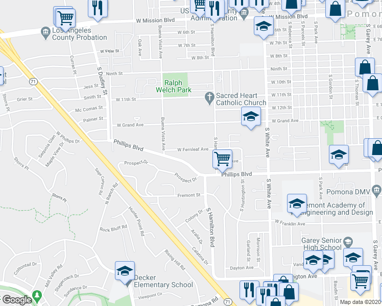 map of restaurants, bars, coffee shops, grocery stores, and more near 1194 West Fernleaf Avenue in Pomona