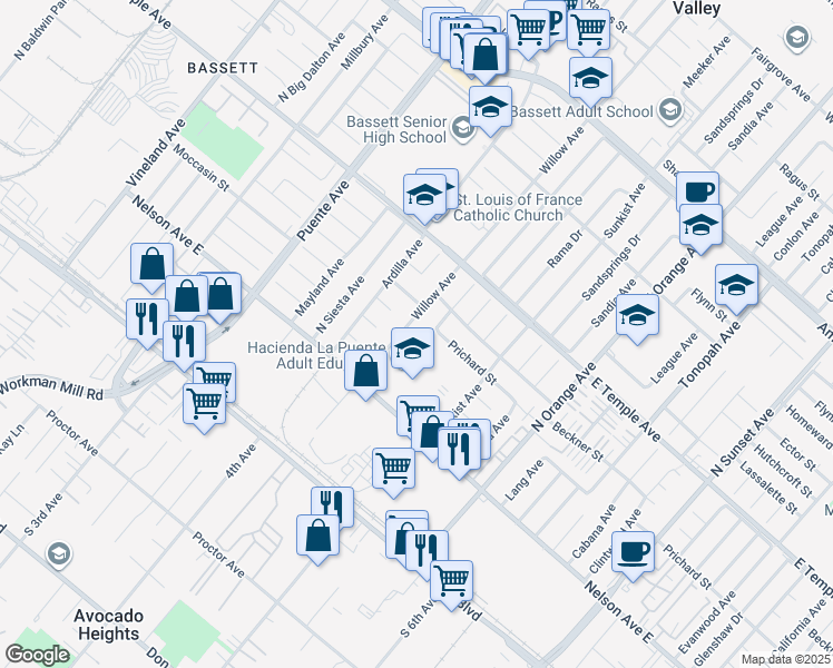 map of restaurants, bars, coffee shops, grocery stores, and more near 14101 Nelson Avenue East in La Puente