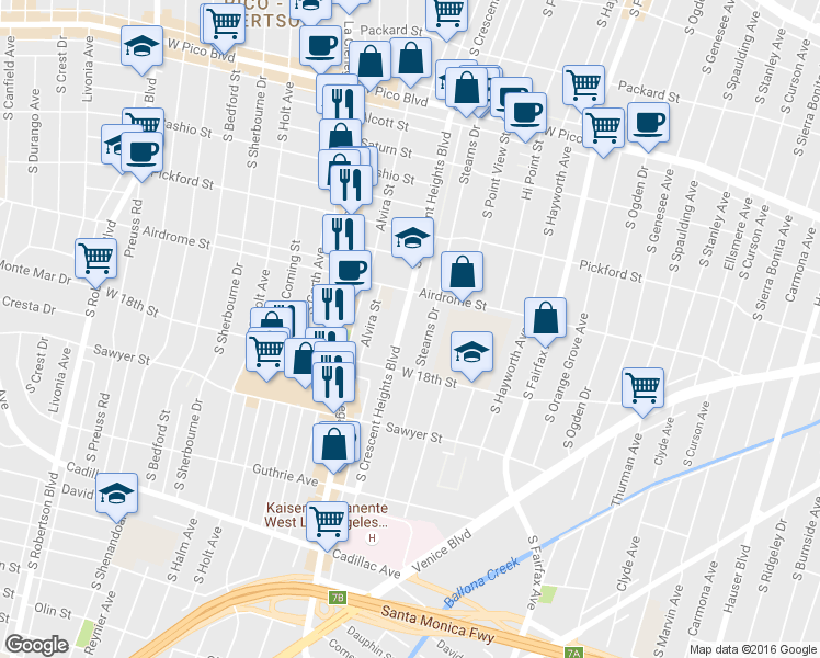 map of restaurants, bars, coffee shops, grocery stores, and more near 1742 South Crescent Heights Boulevard in Los Angeles