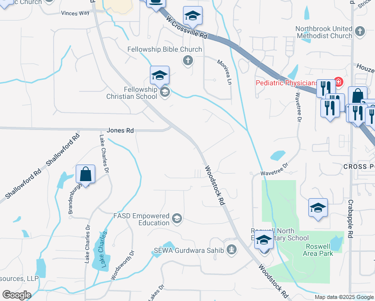 map of restaurants, bars, coffee shops, grocery stores, and more near 10910 Woodstock Road in Roswell
