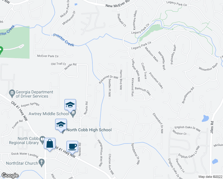 map of restaurants, bars, coffee shops, grocery stores, and more near 3804 Seattle Place Northwest in Kennesaw