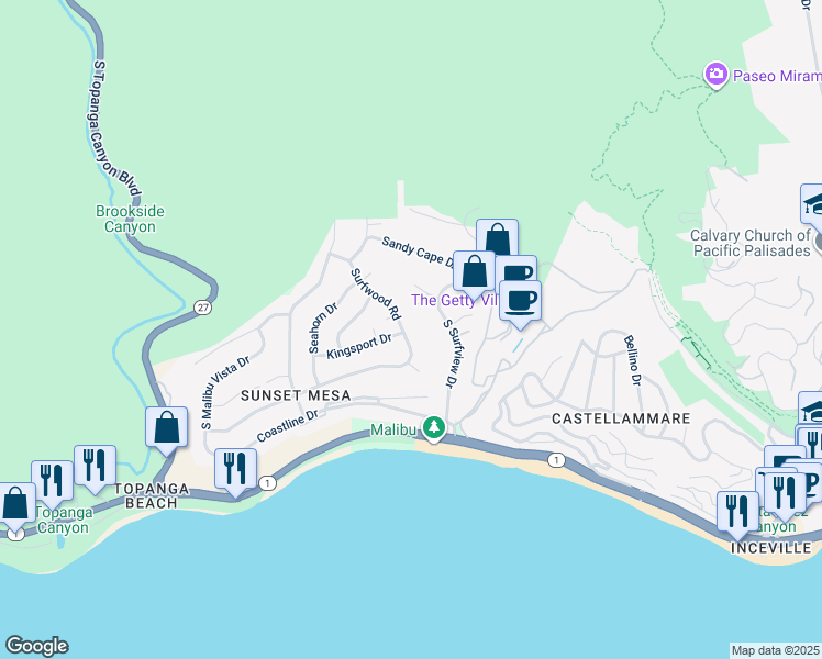 map of restaurants, bars, coffee shops, grocery stores, and more near 3728 Surfwood Road in Malibu
