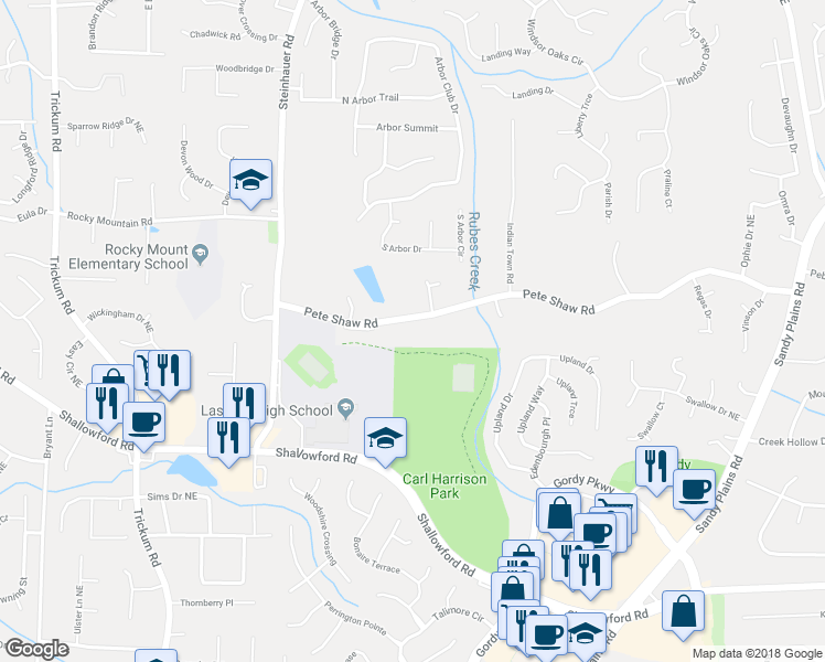 map of restaurants, bars, coffee shops, grocery stores, and more near 2768 Pete Shaw Road in Marietta