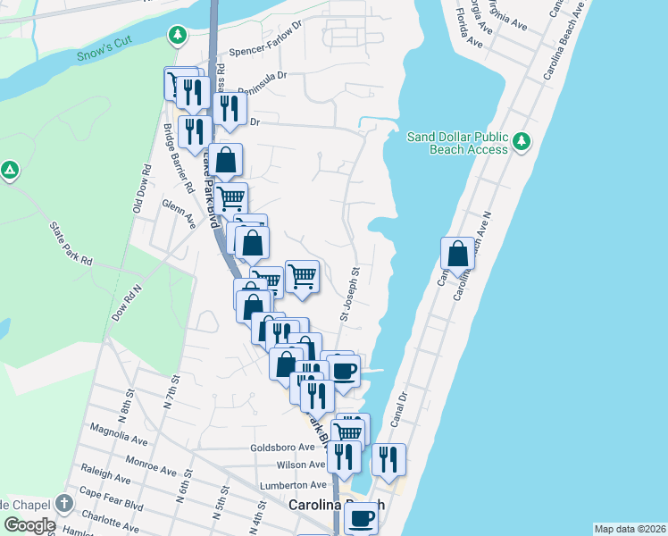 map of restaurants, bars, coffee shops, grocery stores, and more near 1105 St Joseph St in Carolina Beach