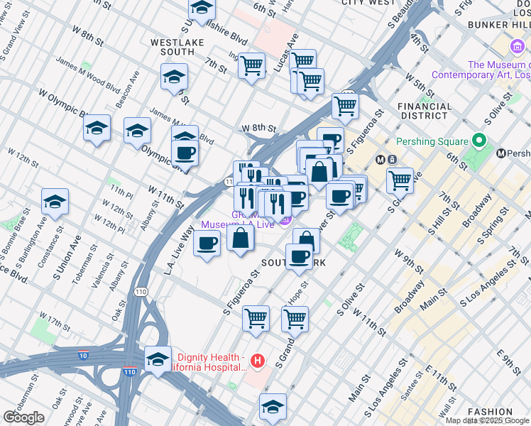 map of restaurants, bars, coffee shops, grocery stores, and more near 888 W Olympic Blvd in Los Angeles