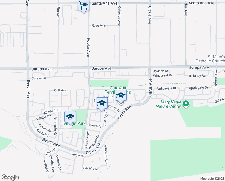 map of restaurants, bars, coffee shops, grocery stores, and more near 11424 Plane Tree Road in Fontana