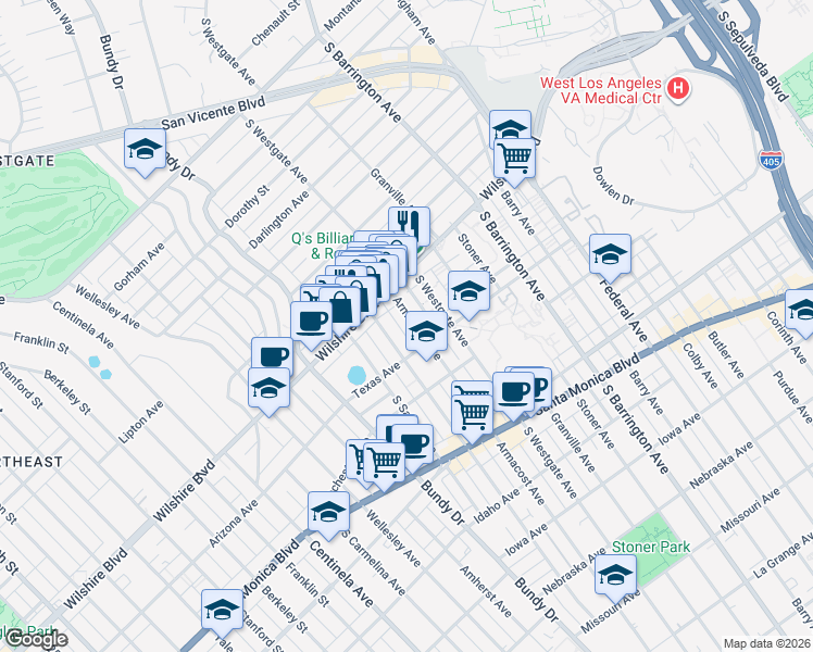 map of restaurants, bars, coffee shops, grocery stores, and more near 1243 Armacost Avenue in Los Angeles