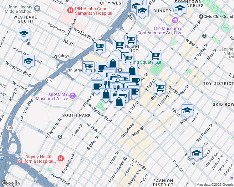 map of restaurants, bars, coffee shops, grocery stores, and more near 801 South Grand Avenue in Los Angeles