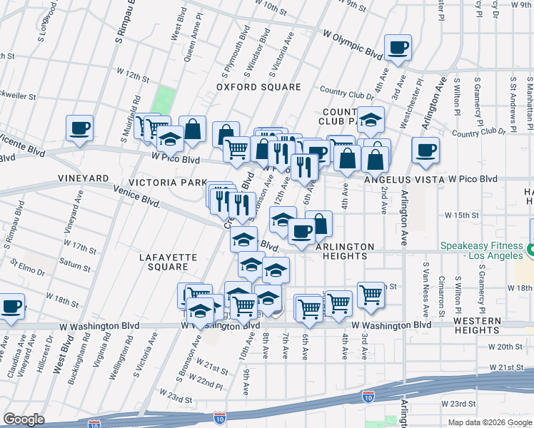 map of restaurants, bars, coffee shops, grocery stores, and more near 1439 12th Avenue in Los Angeles