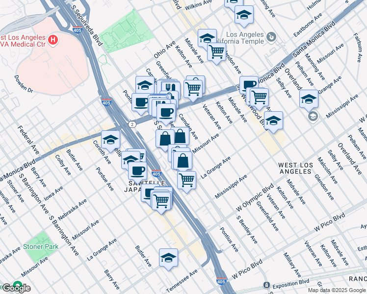 map of restaurants, bars, coffee shops, grocery stores, and more near 1849 South Bentley Avenue in Los Angeles