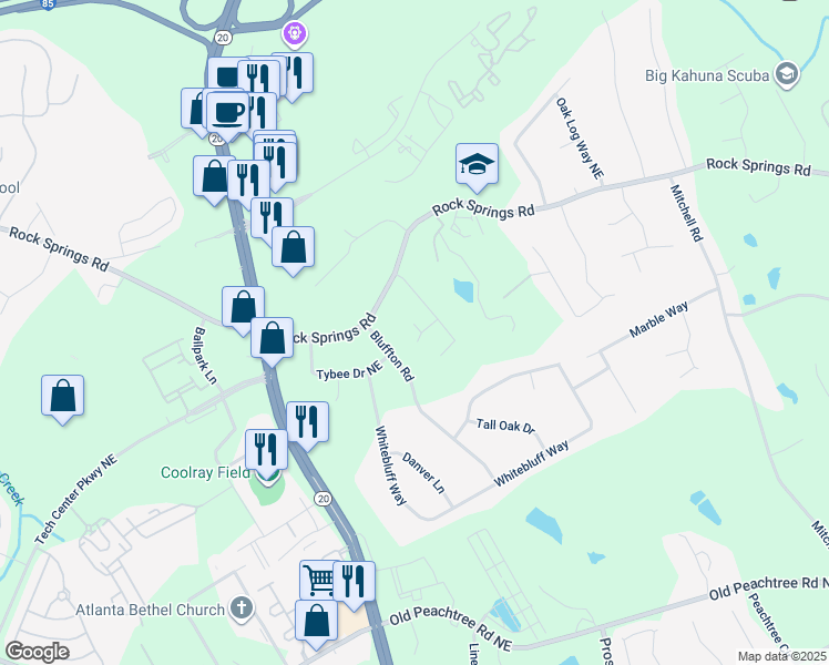 map of restaurants, bars, coffee shops, grocery stores, and more near 1366 Upshur Place Northeast in Buford