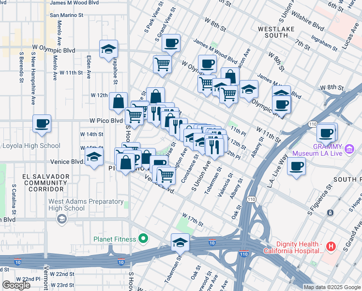 map of restaurants, bars, coffee shops, grocery stores, and more near 1810 West Pico Boulevard in Los Angeles