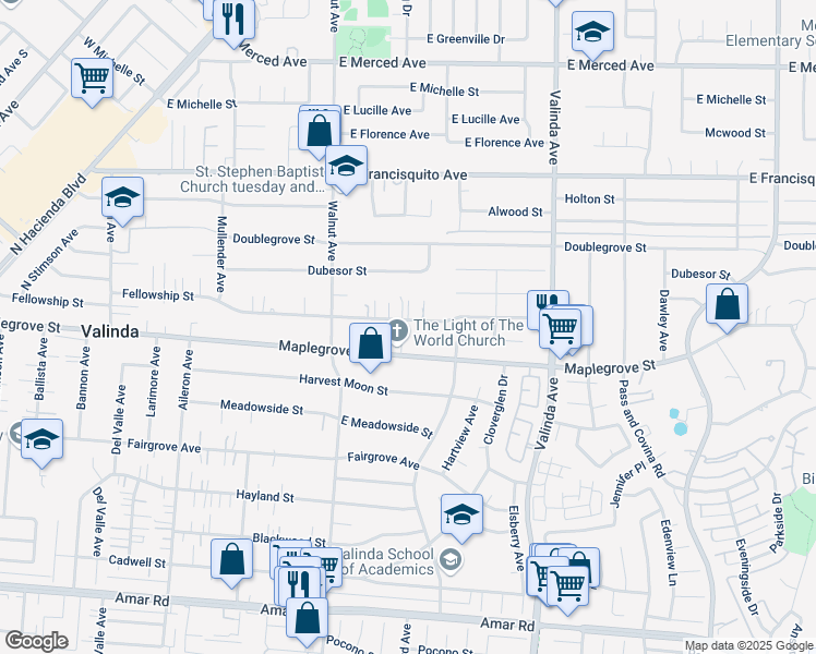 map of restaurants, bars, coffee shops, grocery stores, and more near 16112 Fellowship Street in La Puente