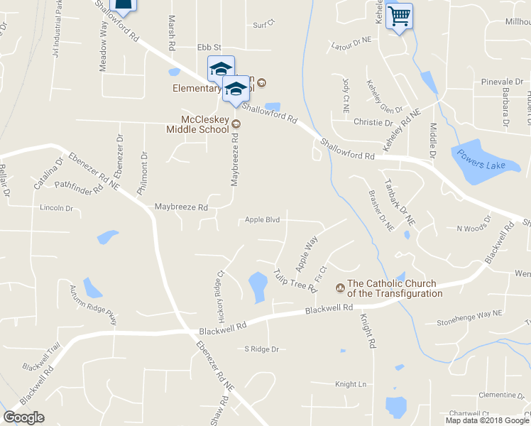 map of restaurants, bars, coffee shops, grocery stores, and more near 1775 Apple Boulevard in Marietta