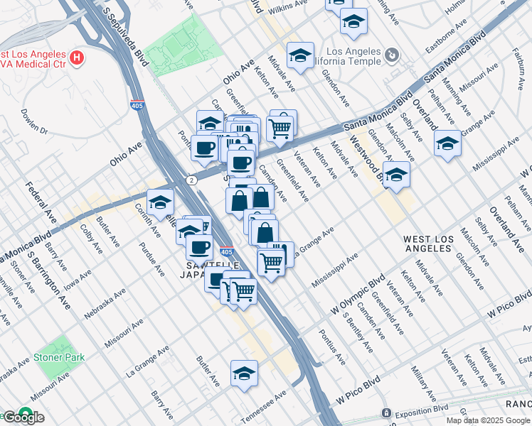map of restaurants, bars, coffee shops, grocery stores, and more near 1849 South Bentley Avenue in Los Angeles