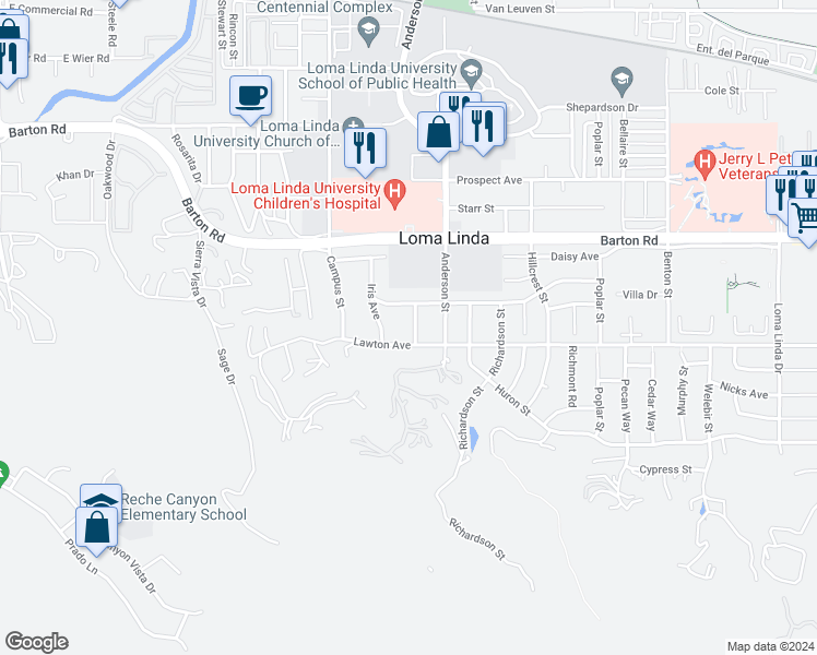 map of restaurants, bars, coffee shops, grocery stores, and more near 11472 Aster Street in Loma Linda