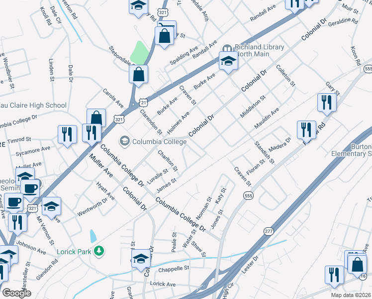 map of restaurants, bars, coffee shops, grocery stores, and more near 1600 Charles Street in Columbia