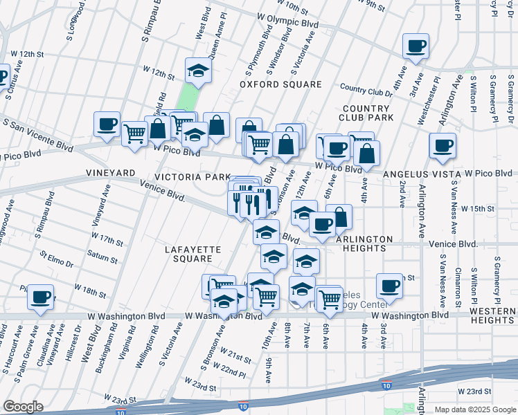 map of restaurants, bars, coffee shops, grocery stores, and more near 1500 Crenshaw Boulevard in Los Angeles