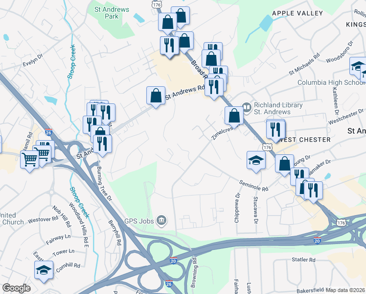 map of restaurants, bars, coffee shops, grocery stores, and more near 1161 Cloister Place in Columbia