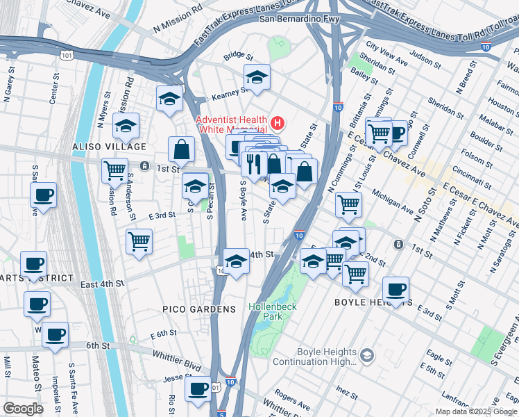 map of restaurants, bars, coffee shops, grocery stores, and more near 1825 East 3rd Street in Los Angeles