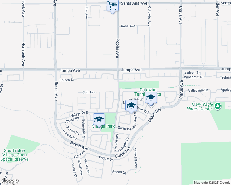 map of restaurants, bars, coffee shops, grocery stores, and more near 11423 Aberdeen Drive in Fontana