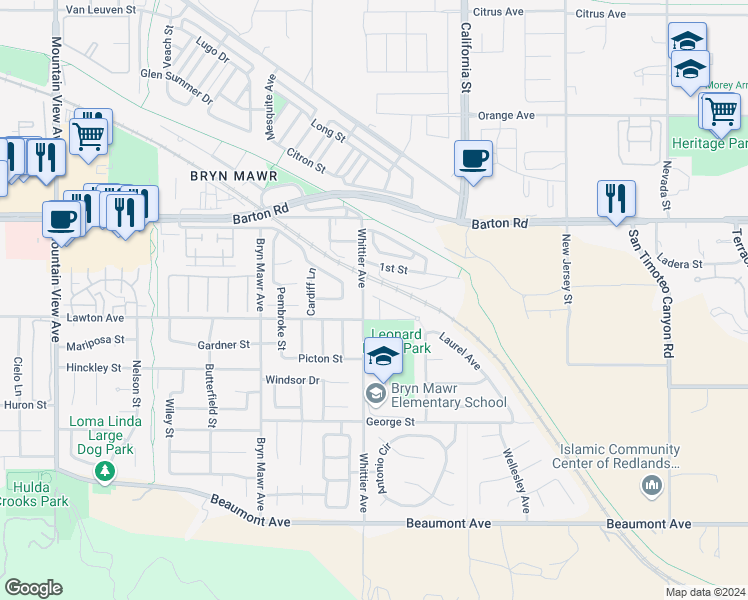 map of restaurants, bars, coffee shops, grocery stores, and more near 11466 Gower Street in Loma Linda