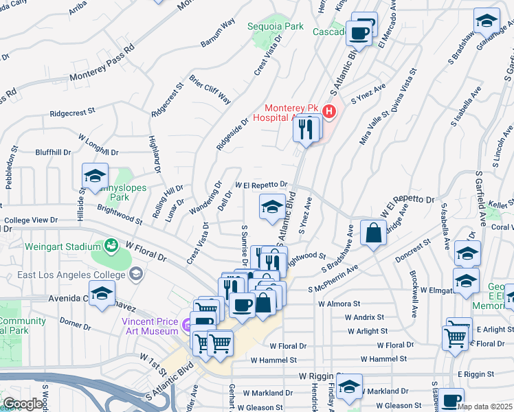 map of restaurants, bars, coffee shops, grocery stores, and more near 1501 South Atlantic Boulevard in Monterey Park