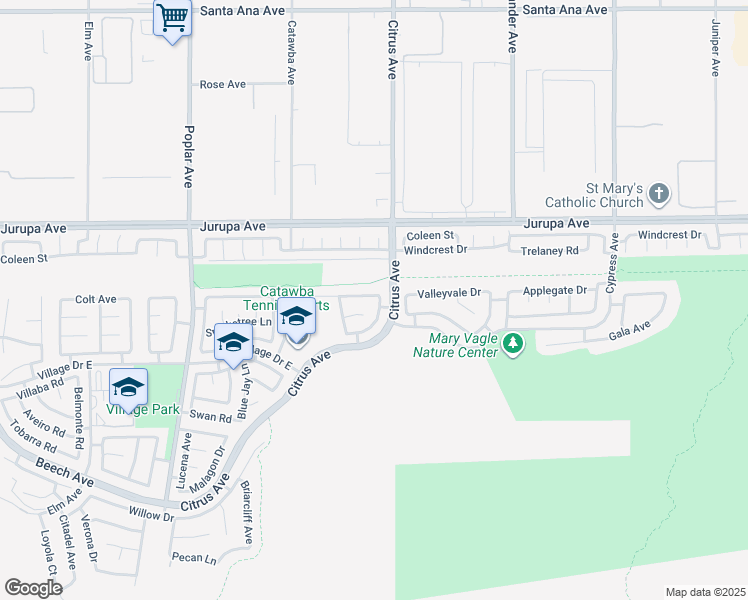 map of restaurants, bars, coffee shops, grocery stores, and more near 11412 Citrus Glen Lane in Fontana