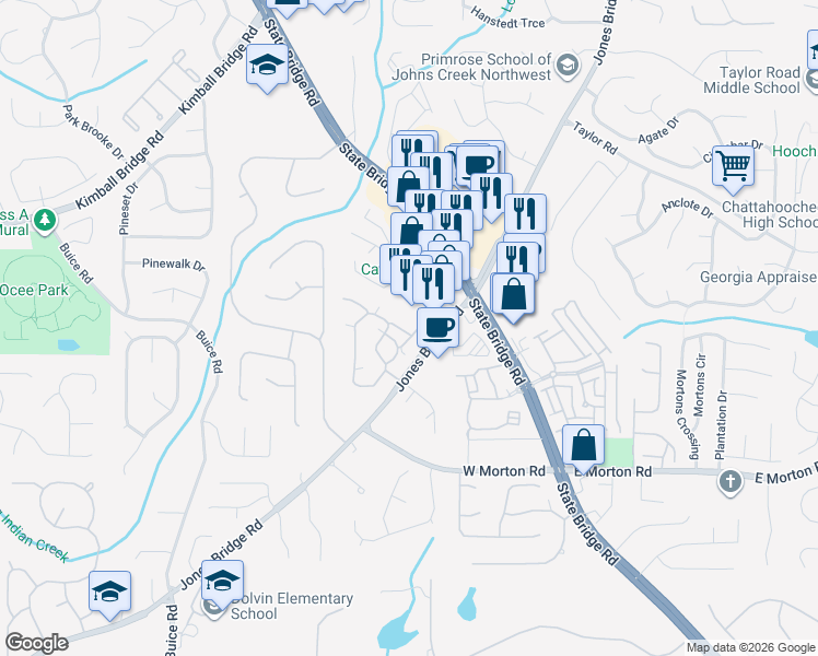 map of restaurants, bars, coffee shops, grocery stores, and more near 32104 Harvest Ridge Lane in Alpharetta