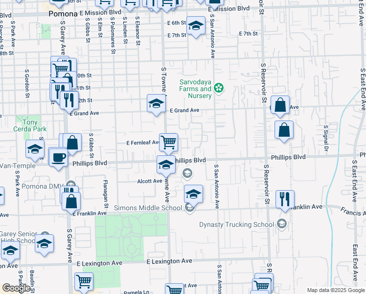 map of restaurants, bars, coffee shops, grocery stores, and more near 1438 Madrid Drive in Pomona