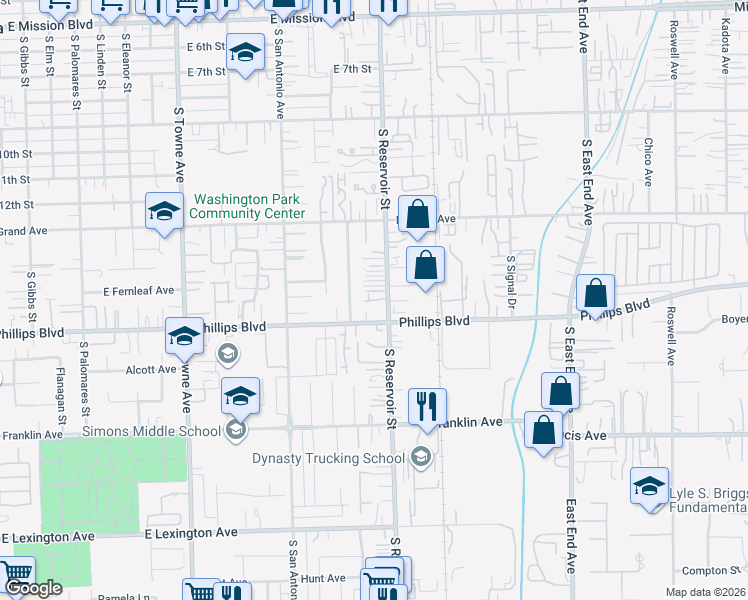 map of restaurants, bars, coffee shops, grocery stores, and more near 1451 South Reservoir Street in Pomona
