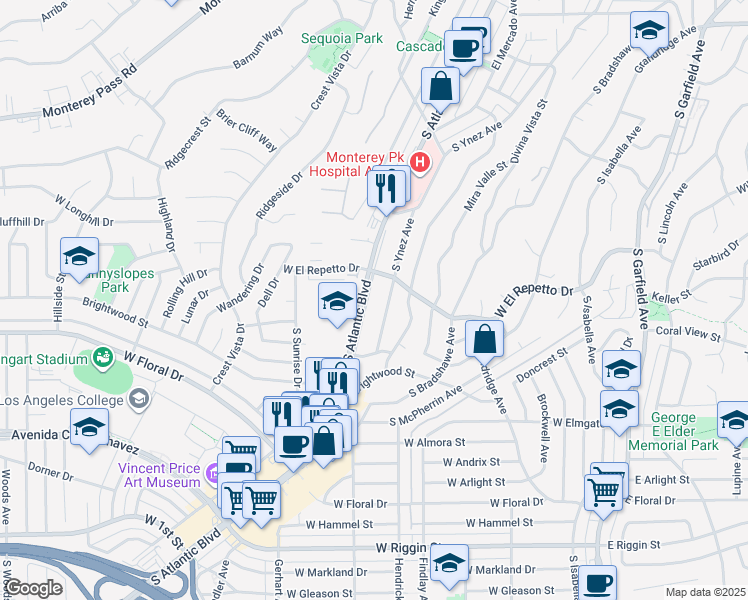 map of restaurants, bars, coffee shops, grocery stores, and more near 1540 South Atlantic Boulevard in Monterey Park