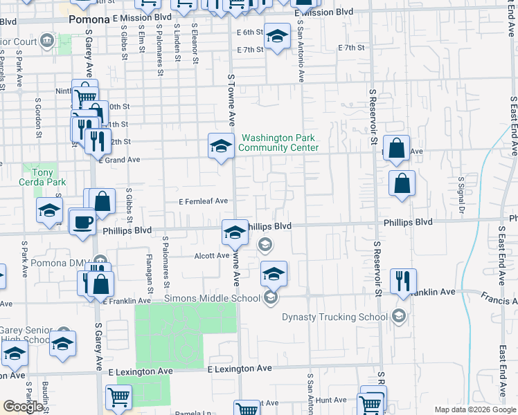 map of restaurants, bars, coffee shops, grocery stores, and more near 855 East Phillips Boulevard in Pomona