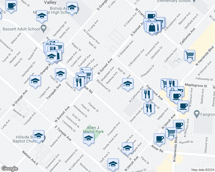 map of restaurants, bars, coffee shops, grocery stores, and more near 1008 Radway Avenue in La Puente