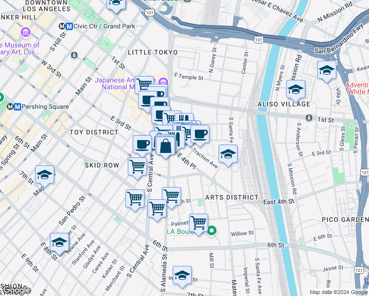 map of restaurants, bars, coffee shops, grocery stores, and more near 734 East 3rd Street in Los Angeles