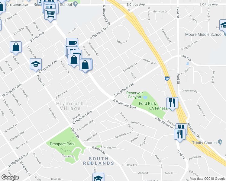 map of restaurants, bars, coffee shops, grocery stores, and more near 1000 Roosevelt Road in Redlands