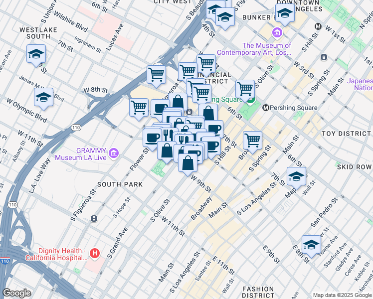 map of restaurants, bars, coffee shops, grocery stores, and more near 801 S Grand Ave in Los Angeles