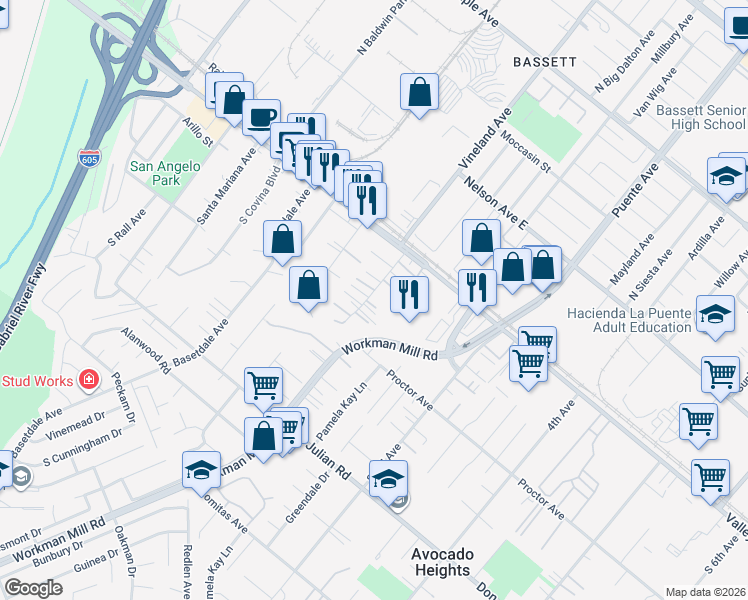 map of restaurants, bars, coffee shops, grocery stores, and more near 208 South 2nd Avenue in Avocado Heights