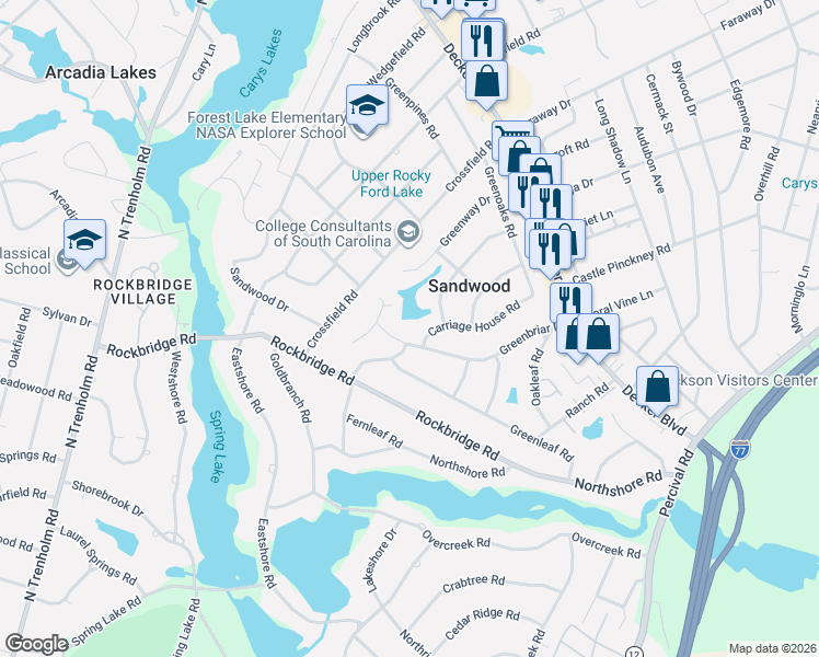 map of restaurants, bars, coffee shops, grocery stores, and more near 3751 Greenbriar Drive in Columbia