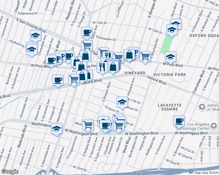 map of restaurants, bars, coffee shops, grocery stores, and more near 1655 South Rimpau Boulevard in Los Angeles