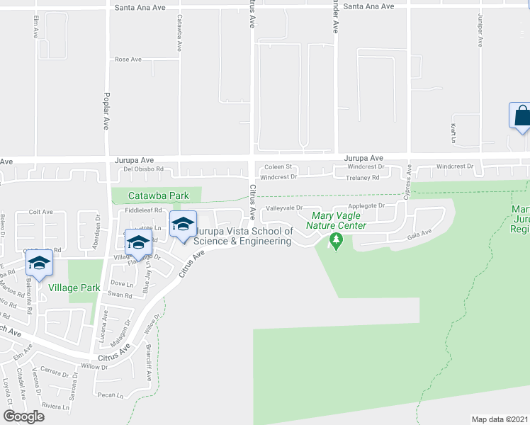 map of restaurants, bars, coffee shops, grocery stores, and more near 16131 Valleyvale Drive in Fontana