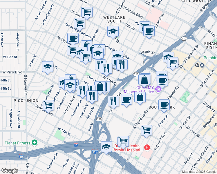 map of restaurants, bars, coffee shops, grocery stores, and more near 1331 West 11th Place in Los Angeles